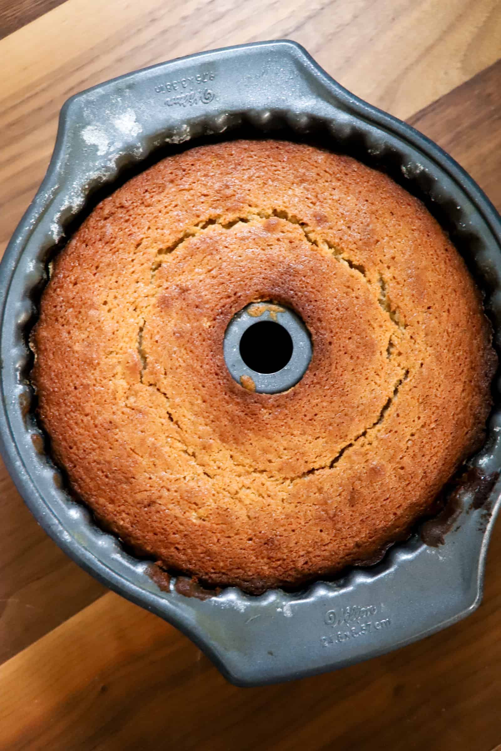 apple cider bundt cake baked in bundt pan