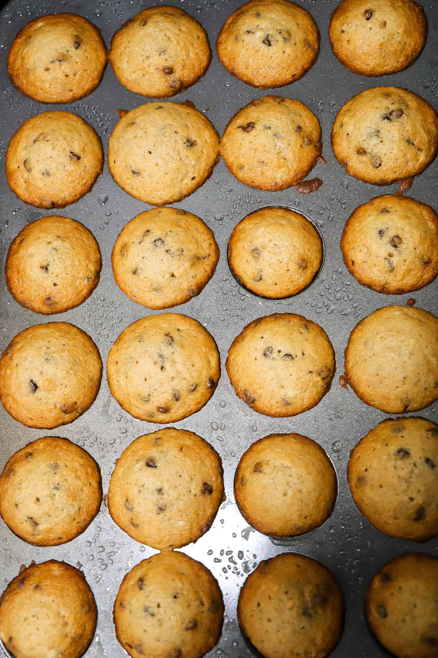 mini banana chocolate chip muffins in muffin pan