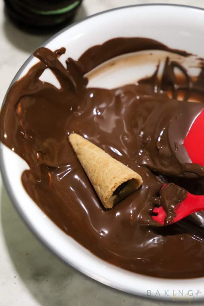 mini waffle cone dunked in chocolate